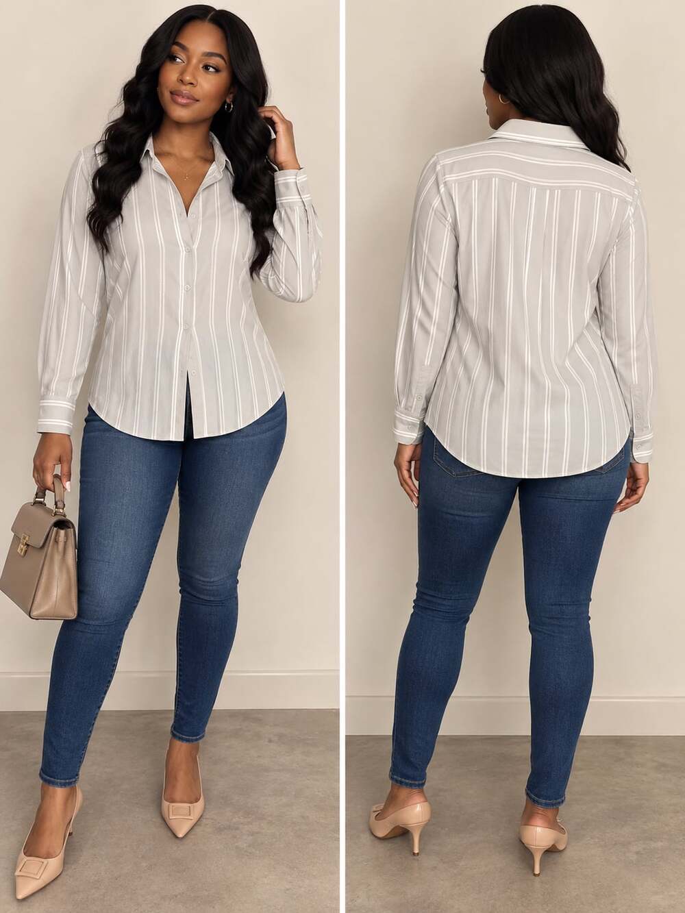 Quiet Luxury Coastal Grandmother SHEIN Gray Striped Button Down Blouse Size S